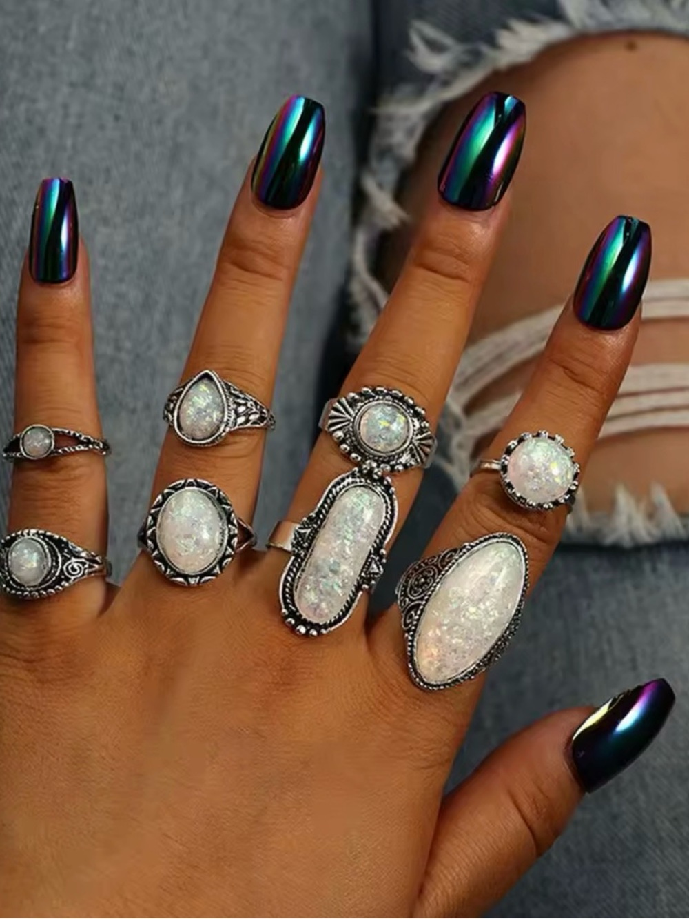 Sterling Silver Opal Statement Ring Set - White Opalescent Stones